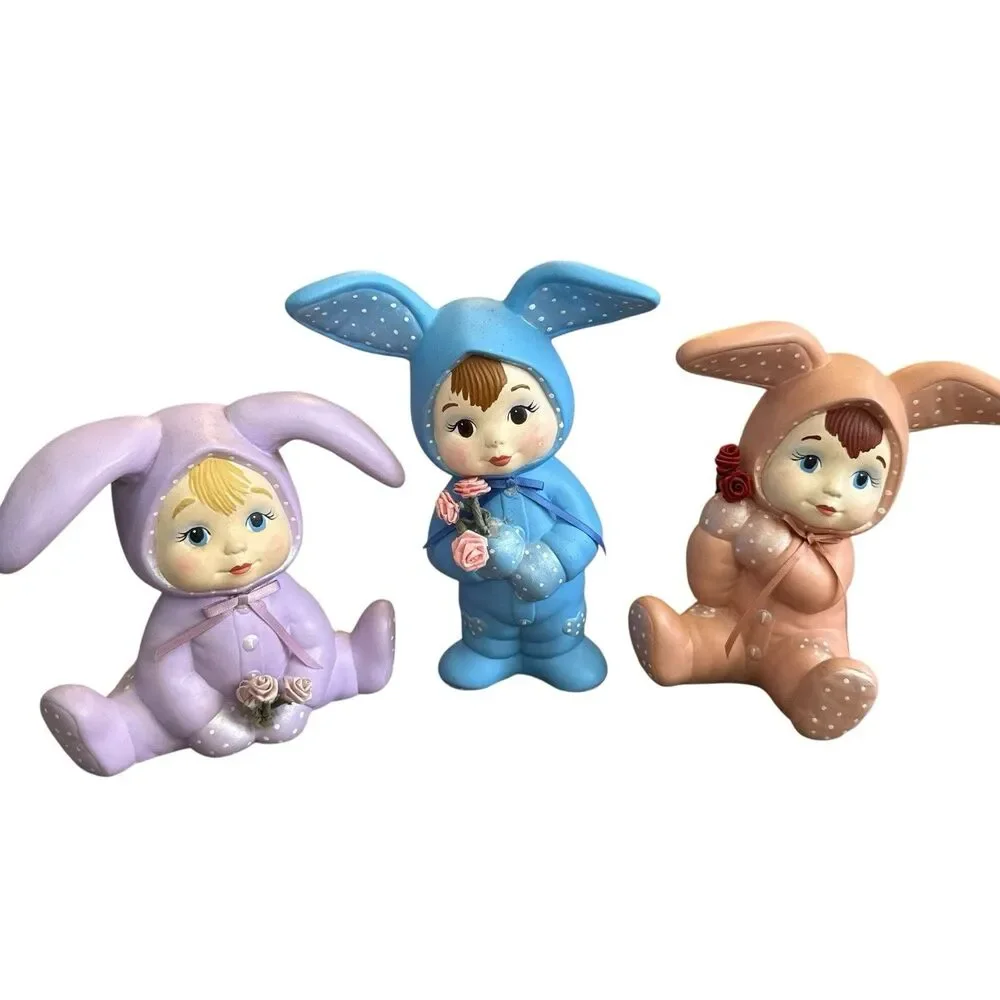 ADORABLE Vintage lot of 3 Ceramic Hand Painted‎ Pastel Sweet Tot Bunnies